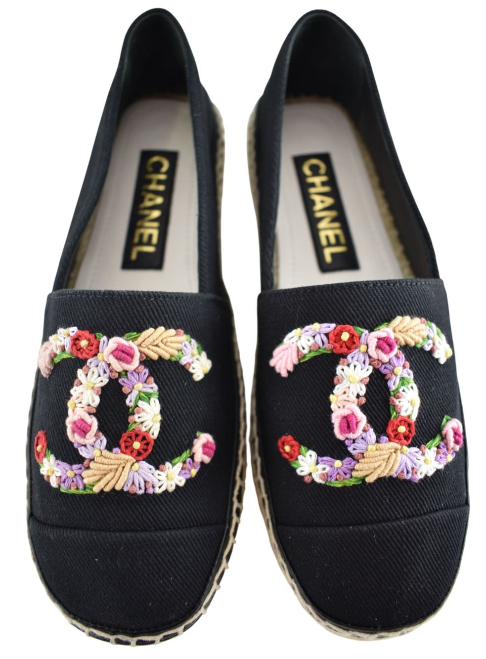 Chanel 25S Black Canvas Floral Crochet CC Logo Double Sole Espadrille Flat 37